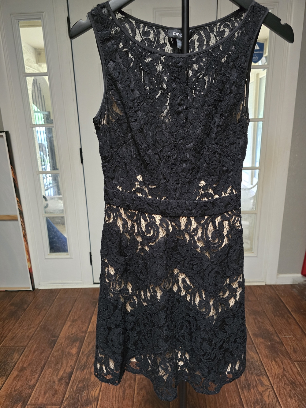 bebe Black Lace Midi Dress with Nude Underlay